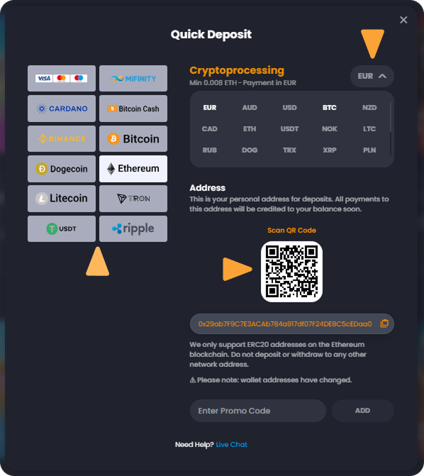 How to Deposit with Ethereum (ETH) on Bitkingz Casino step 2 Deposit Crypto