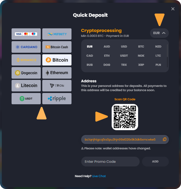 How to Deposit with Bitcoin (BTC)) on Bitkingz Casino step 2 Deposit Crypto